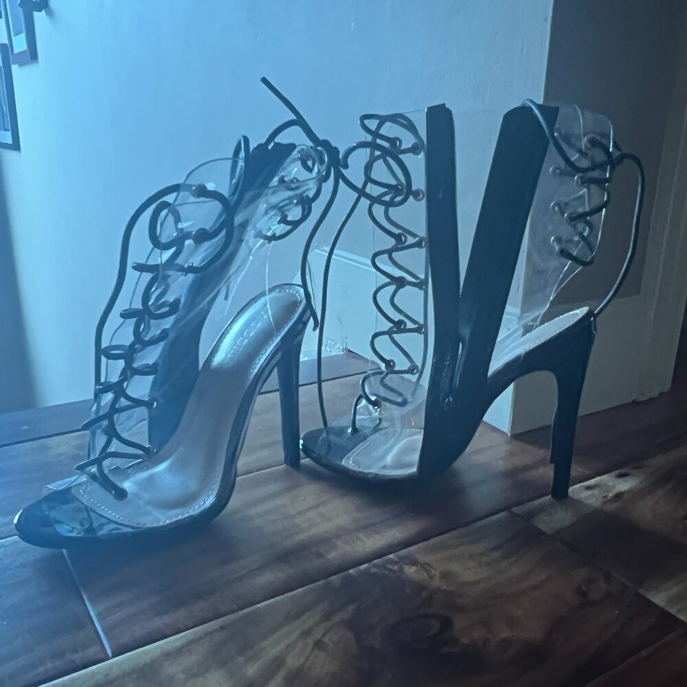 Size 6 Clear Lace--Up Bootie Heels